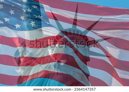 Flag of the United States with, as a watermark, the head of the Statue of Liberty