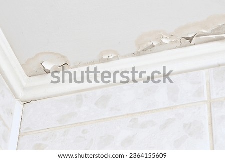 Swelling leaking of whitewash and plaster on ceiling of dwelling due to penetration of water from the top floor or roof, selective focus. Royalty-Free Stock Photo #2364155609