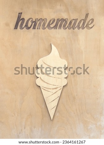 ice cream, delicious ice cream on waffle cone icon carved on wooden background or surface with copy space. sweet or dessert shop menu background or surface with wooden carved homemade food poster
