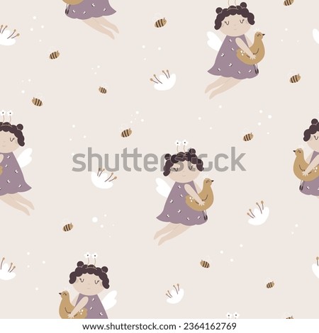Seamless pattern with flowers and cute fairy girl sitting with toy. Kids background for textile, fabric, wallpaper, wrapping paper, decorations.