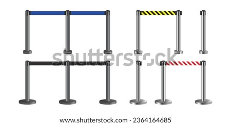 Portable Retractable Belt Barriers. Realistic black, blue, yellow and red retractable ribbon barrier. Crowd control barrier posts with Fillable strap. Queue Barriers for Crowd Control. Vector. Royalty-Free Stock Photo #2364164685