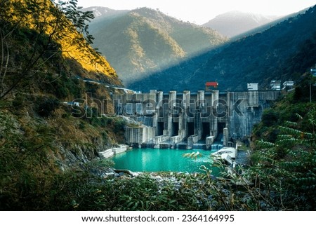 Lakhwar-Vyasi biggest hydroelectric dam complex amid mountain valley. Near, Juddo, yamnotri road, Kalsi, Uttarakhand. India. Royalty-Free Stock Photo #2364164995