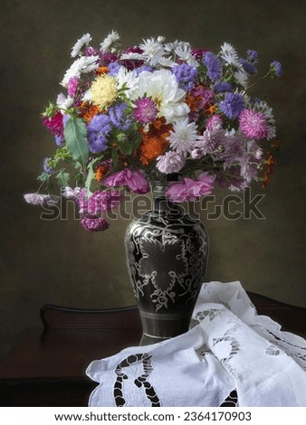 Still life with luxurious bouquet of autumn flowers
