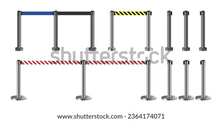 Portable Retractable Belt Barriers. Realistic black, blue, yellow and red retractable ribbon barrier. Crowd control barrier posts with Fillable strap. Queue Barriers for Crowd Control. Vector. Royalty-Free Stock Photo #2364174071