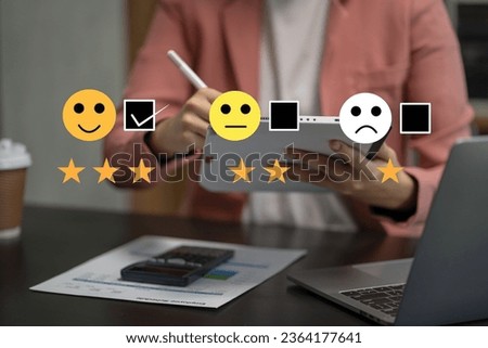 User give rating to service experience on online application, Customer review satisfaction feedback survey concept.