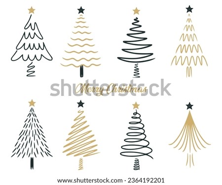 Set of christmas tree line art. Abstract linear christmas tree. Hand drawn christmas trees doodle. Minimalist and elegant christmas ornament. Vector illustration