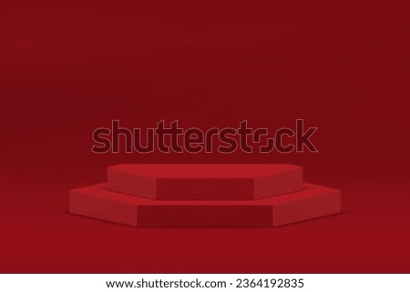 Red fashion geometric step podium 3d pedestal for cosmetic product presentation show vector illustration. Realistic hexagonal advertising display empty showroom interior commercial promo showcase