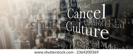 Cancel culture, words in city and social media opinion, silence freedom of speech and message. Text, censorship and mockup with overlay, call out or banner internet for online bullying in society Royalty-Free Stock Photo #2364200369