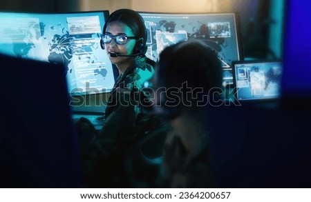 Military control room, headset and woman with man, computer and tech for communication. Security, global surveillance and soldier with teamwork in army office at government cyber data command center. Royalty-Free Stock Photo #2364200657