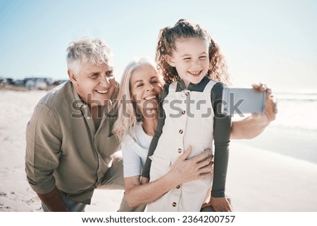 Family, selfie smile and beach holiday with grandparents and young girl together with travel. Happy, child and love at the sea and ocean with profile picture for social media on summer vacation