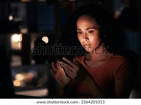Phone problem, night and woman typing, search internet or reading bad feedback, password phishing notification or spam. Light, cellphone crisis and person check email news, website crash or 404 error