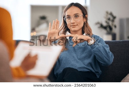 Sign language, speech therapy and woman talking to therapist in a consultation or counseling conversation. Communication, support and professional psychologist help person learning and speaking