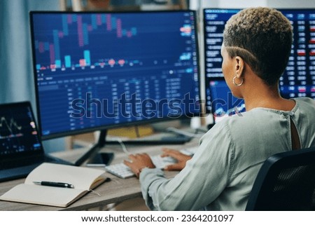 Computer screen, stock market and business person reading, typing or work on IPO equity, trade analytics or cryptocurrency. Data analysis, workplace and back of corporate broker review finance stats