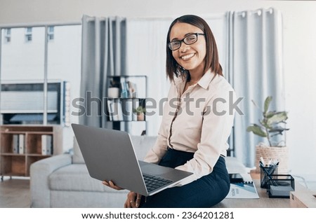 Portrait of woman in office with smile, laptop and reading email, HR schedule or online for feedback. Internet, networking and communication on website, happy employee at human resources agency.