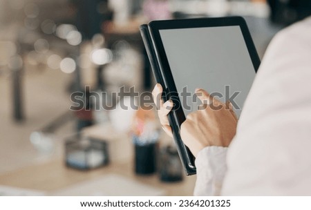 Screen, blank tablet and business woman hands for click, planning or scroll with mockup space in office. Entrepreneur, employee and digital touchscreen for data analysis, app or schedule in workplace