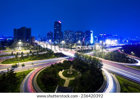 cityscape and traffic trails of beijing at night