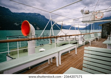 Upper deck of a passenger steamboat on Lake Brienz in the Swiss canton of Bern Royalty-Free Stock Photo #2364207171