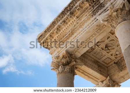 Historical artifacts details.Close up ancient fountain Sagalassos details and blue sky,Budur,Turkey.Historical and cultural sights of Turkey.