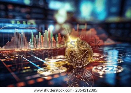 Cryptocurrency ETHEREUM (ETH); gold ethereum coin on trading business charts background. Technology and investment in cryptocurrencies. Royalty-Free Stock Photo #2364212385
