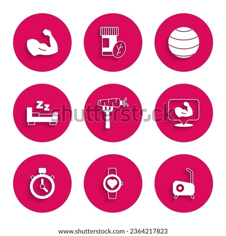 Set Carrot on fork, Smart watch, Stationary bicycle, Bodybuilder muscle, Stopwatch, Time sleep, Fitness ball and  icon. Vector