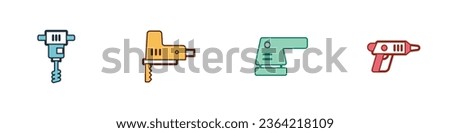 Set Electrical hand concrete mixer, jigsaw, sander and cordless screwdriver icon. Vector