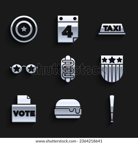 Set Hotdog sandwich, Burger, Baseball bat, Shield with stars, Vote box, Glasses, Taxi car roof and American shield icon. Vector