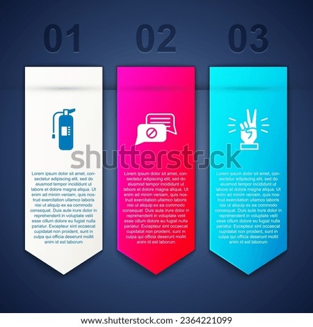 Set Fire extinguisher, Speech bubble chat and Hand showing two finger. Business infographic template. Vector