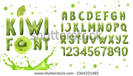 Realistic kiwi font, fruit type, green typeface, isolated english alphabet characters with vector 3d juice splashes and drops. Juicy letters and numbers of green kiwi flesh with seeds and juice drips Royalty-Free Stock Photo #2364221485