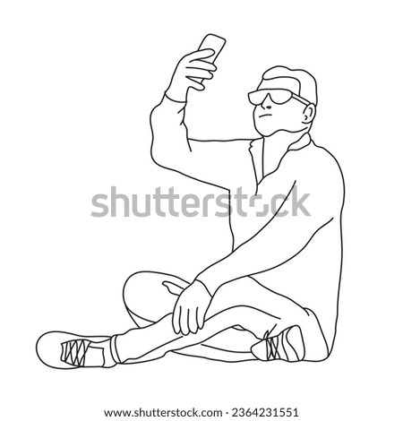 Men taking selfie outline drawing on white. 
