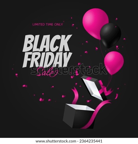 Black Friday with black and pink balloons and opened gift box