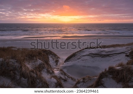 vivd and colorful sunset at the beach in denmark westcoast Royalty-Free Stock Photo #2364239461
