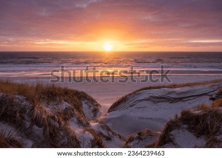 vivd and colorful sunset at the beach in denmark westcoast Royalty-Free Stock Photo #2364239463