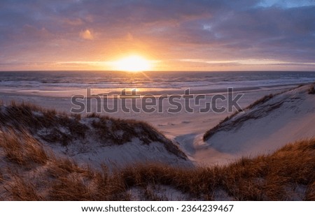 vivd and colorful sunset at the beach in denmark westcoast Royalty-Free Stock Photo #2364239467