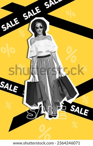 Vertical collage image of impressed black white effect stylish girl hold shop bags super sale proposition isolated on yellow background