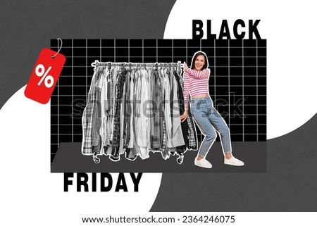 Promo billboard collage of smiling cheerful girl choose clothes store center isolated on drawing background