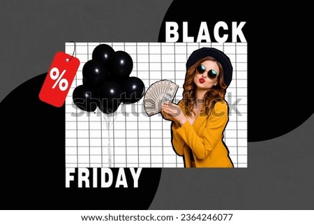 Artwork collage of funky stylish girl hold money banknotes balloons black friday limited time only proposition isolated on creative background