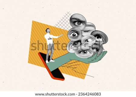 Creative collage of smart phone display mini black white effect guy welcome big arm hold watching people eyes isolated on drawing background