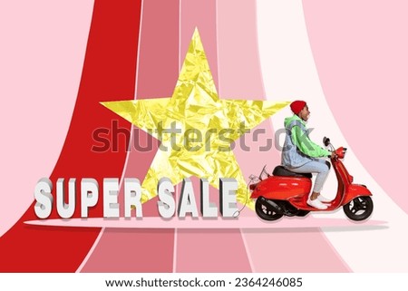 Artwork collage image of funny person drive retro scooter super sale star symbol isolated on pink creative background