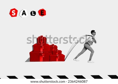 Creative collage picture of black white colors hardworking person pull huge pile stack giftbox limited time only sale offer