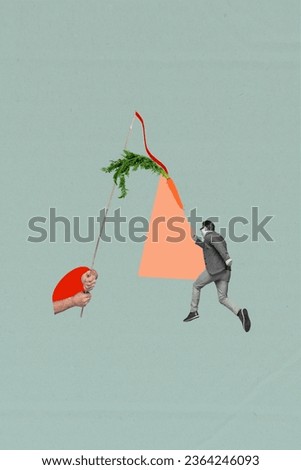 Artwork magazine collage picture of purposeful guy running catching carrot bait isolated grey color background