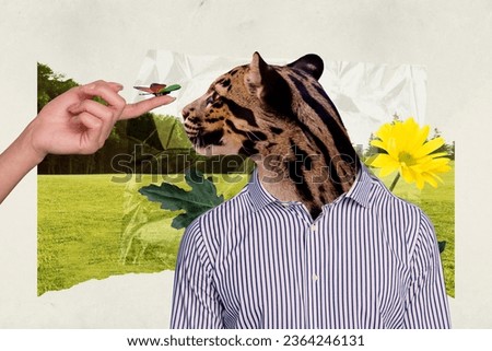 Picture surreal image collage of weird creature with tiger head dressed shirt enjoy summer vacation outdoors
