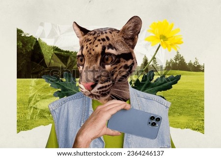 Picture creative image collage of human hand hold phone photographing filming recording video wild animal creature with tiger head