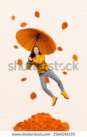 Vertical creative composite photo collage of satisfied optimistic girl falling on bunch of leaves isolated on white color background