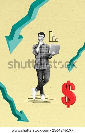 Vertical collage picture of minded black white colors guy hold netbook contemplate descending arrows down money dollar symbol