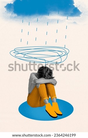 Vertical creative composite illustration photo collage of sad upset woman sitting in puddle under rainfall isolated on painted background