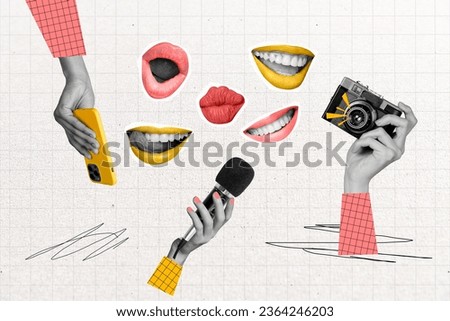 Creative collage picture of black white colors arms hold smart phone microphone photo camera talking mouth pouted lips kiss lick teeth