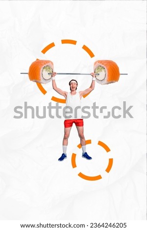 Creative artwork graphics collage painting of cool funny guy rising sushi barbell isolated white color background