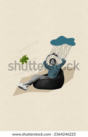 Vertical composite photo collage of intelligent girl sit on pouf hold book over head hide from rain isolated on beige color background