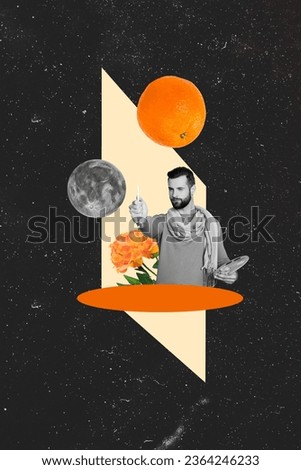Vertical collage of black white colors painter guy hold tassel fresh flower orange fruit full moon isolated on painted black background