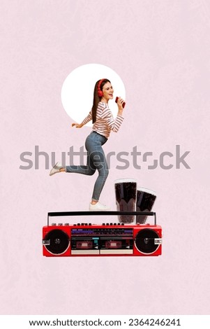 Creative photo composite collage of positive happy girl in headphones sing in cellphone dance on boombox isolated painted background